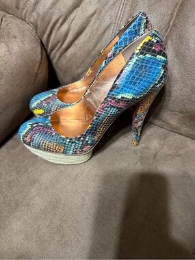 BCBGeneration Capone Multicolor Snakeskin Platform Pumps in Blue, Pink & Yellow
